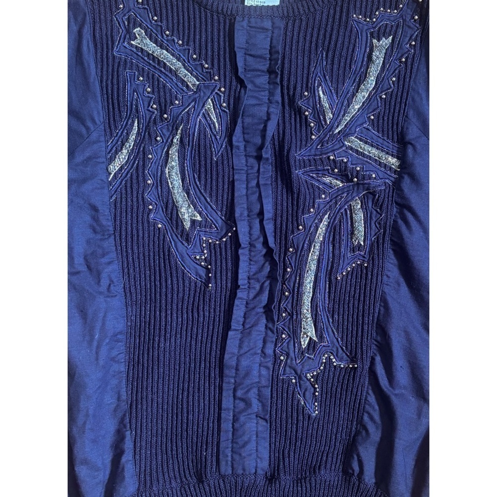 Vintage Navy Blue Beaded Ribbed Sweater Shirt Size Small 90s Glam Maximalist - Picture 2 of 5